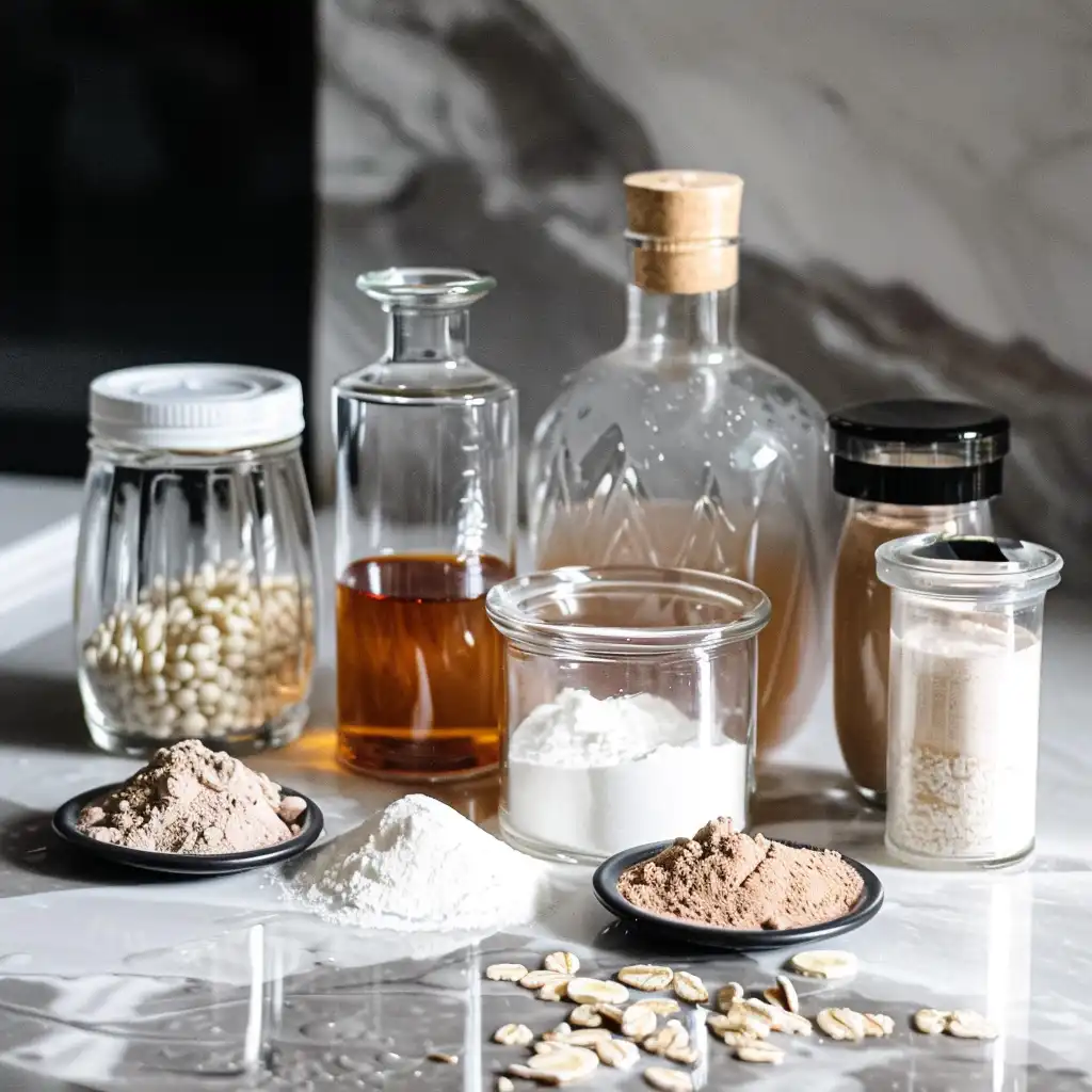 Protein powder, flavored syrups, and sparkling water laid out for making dirty protein soda