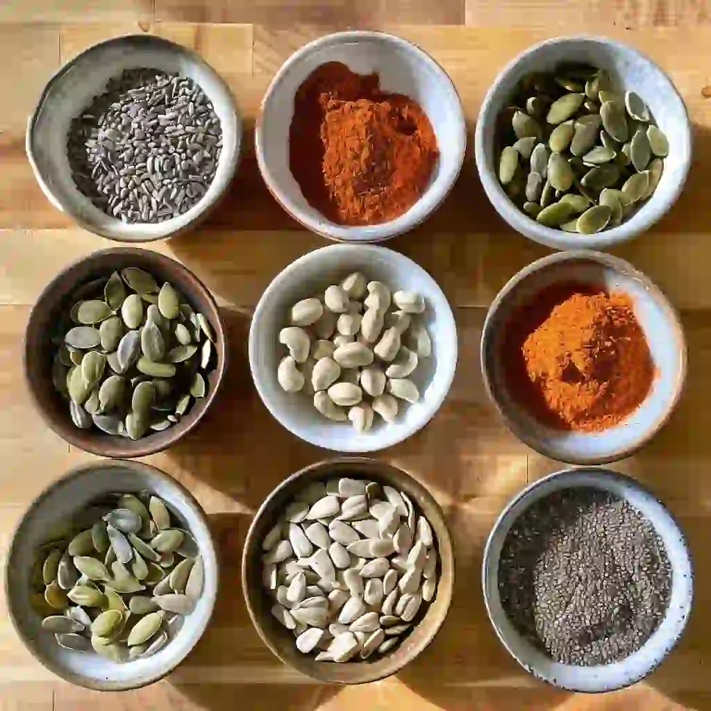 Raw seeds and spices for bariatric seed diet laid out on kitchen counter