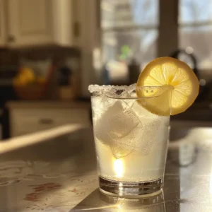 Salt and ice trick recipe in a clear glass with ice cubes, pink salt, and lemon slices for weight loss