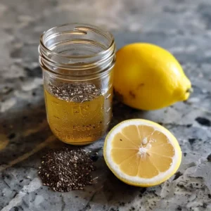 Soaking chia and flax seeds in water in a mason jar with lemon and honey beside