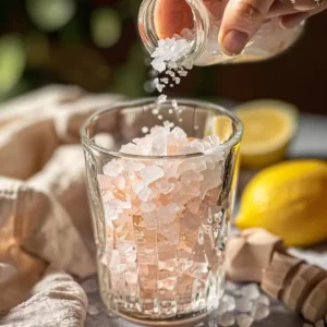 Sprinkling Himalayan pink salt into glass of ice water for salt and ice trick recipe