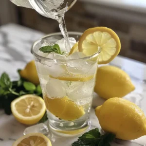Squeezing lemon into ice water with mint and other ingredients nearby