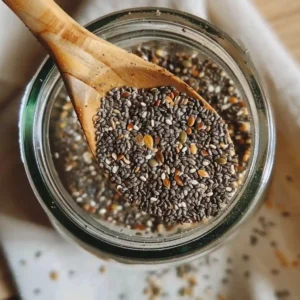 Stirring chia, flax, and basil seeds into water in a mason jar