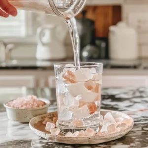 Stirring pink salt into ice water with lemon wedge beside glass