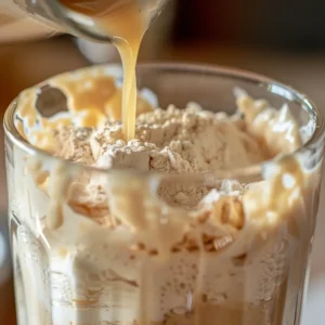 Stirring protein powder into a glass of soda for dirty protein soda