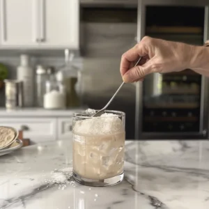 Stirring the final salt and ice trick drink in glass with spoon on rustic counter