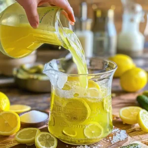 Stirring together lemon juice, brine, and sweetened water in glass pitcher