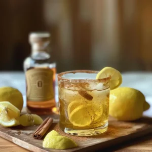 Vertical Pinterest-style Ice Hack Drink with ice cubes, lemon, cinnamon, and honey
