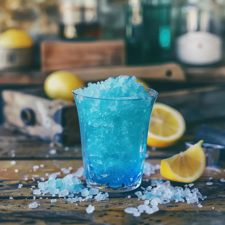Blue salt ritual drink in a clear glass with vivid color, lemon beside it