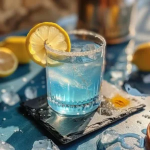 Blue salt trick drink ready to sip with lemon on rim and cayenne pinch