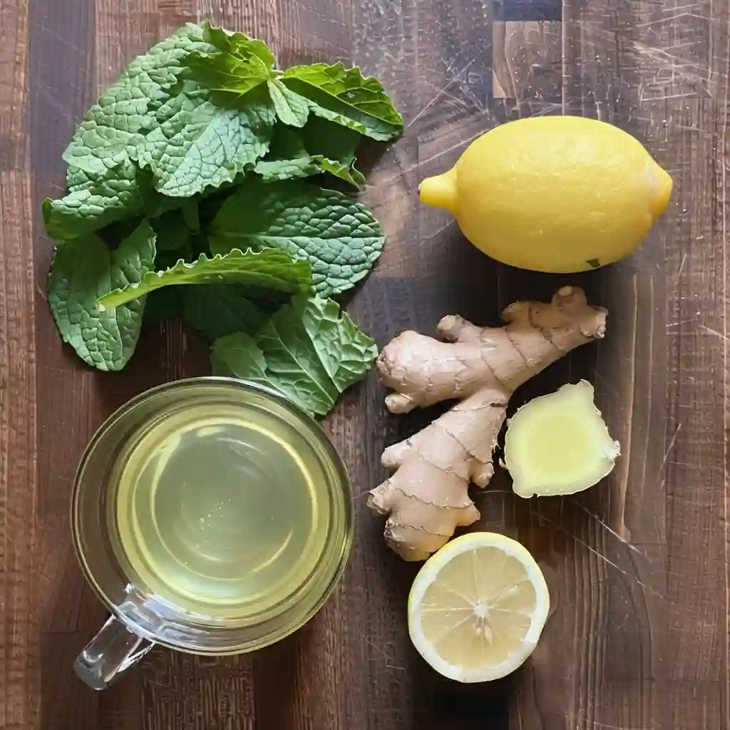 Fresh lemon balm, lemon wedge, ginger, and mint arranged for tea recipe for how to make lemon balm tea for weight loss