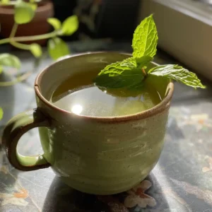 Freshly brewed lemon balm tea for weight loss in rustic mug with lemon and mint