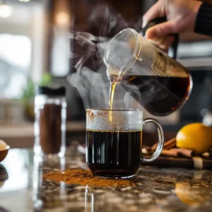 Home cook stirring cinnamon and MCT oil into hot coffee