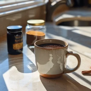 Honest fat-burning coffee recipe in ceramic mug with cinnamon and MCT oil