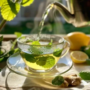 Hot water being poured over fresh lemon balm leaves in a glass mug