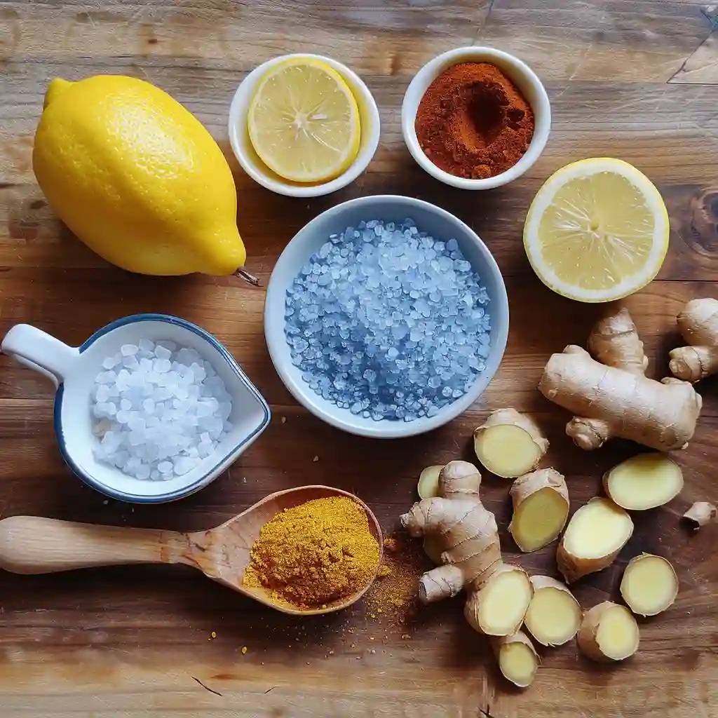 Ingredients forBlue Salt Trick for Men  arranged on a rustic table