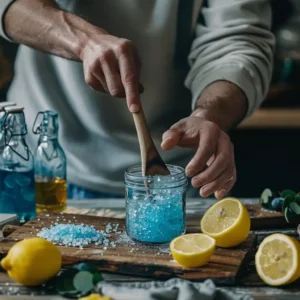 Man stirring vivid blue salt into warm water in a glass