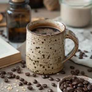 Natural coffee trick blend served with oats on breakfast table
