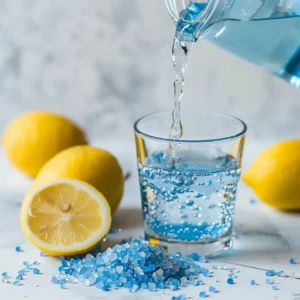 Persian blue salt being spooned into a glass as first step