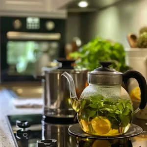Steeping lemon balm tea in glass mug covered with saucer