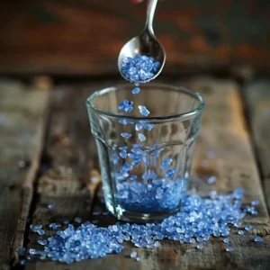 Tall format shot of blue salt drink with styled ingredients and marble background