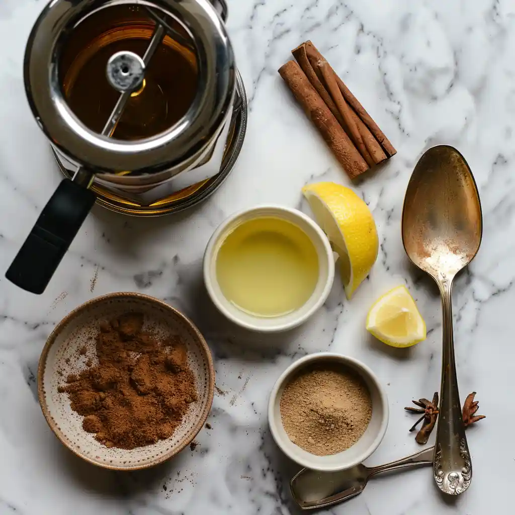 Top-down view of fat-burning coffee ingredients including cinnamon, lemon, MCT oil, and coffee grounds for Jillian Michaels Coffee Trick Recipe