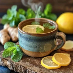 Vertical photo of lemon balm tea with lemon wedge and mint in sunny kitchen
