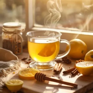 A cozy glass of warm honey water with lemon and cinnamon on a sunlit kitchen table