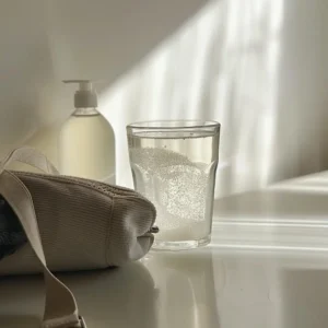 A glass of baking soda water placed next to a gym bag and deodorant