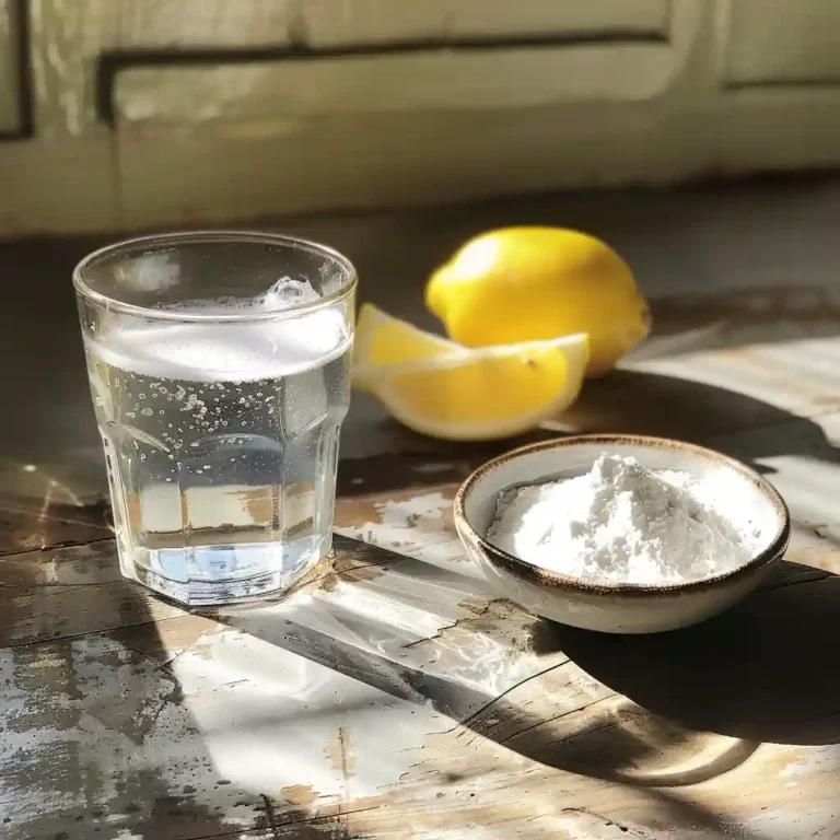 Baking soda dissolved in water on wooden counter with lemon wedges nearby