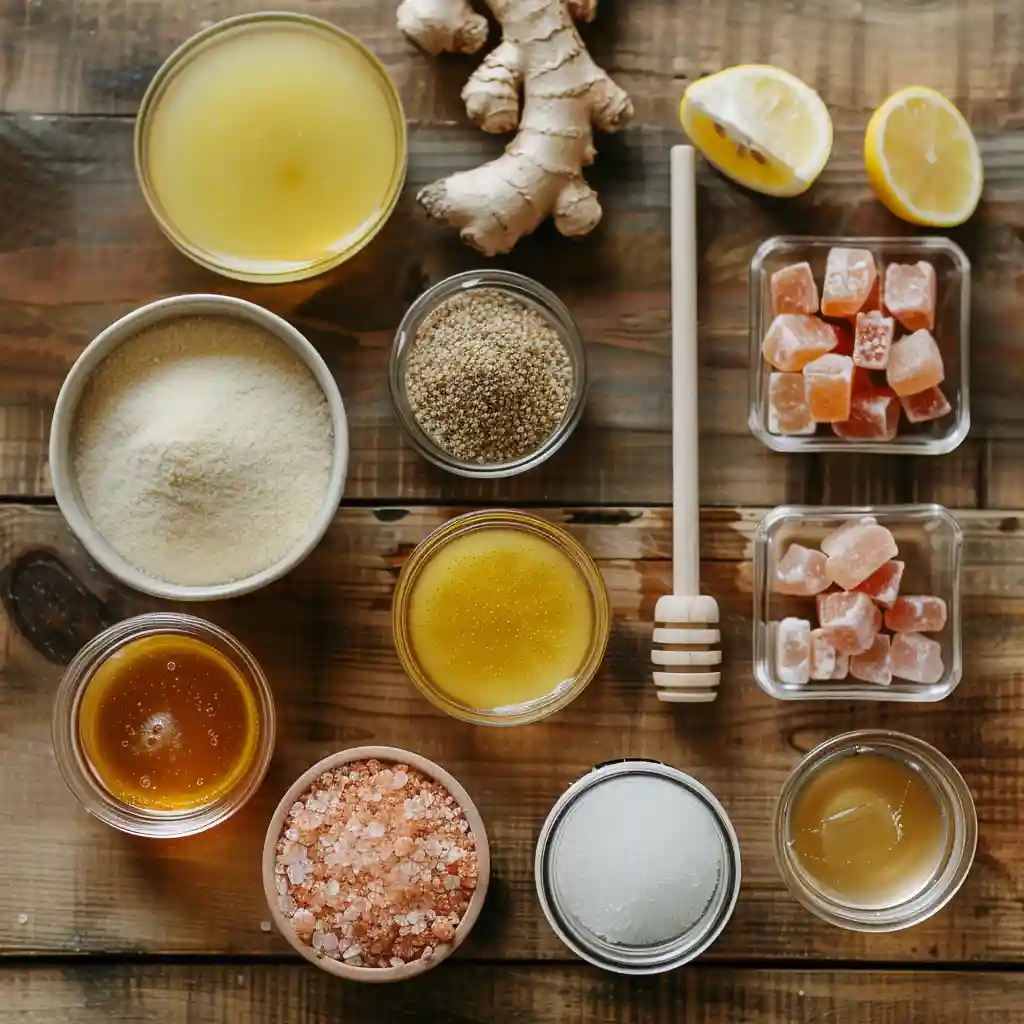 Baking Soda Trick for Men, lemon, apple cider vinegar, pink salt, and honey arranged in bowls