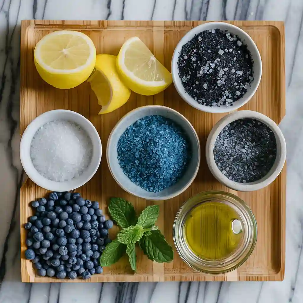 blue salt trick recipe, spirulina, lemon zest, and essential oils arranged in bowls