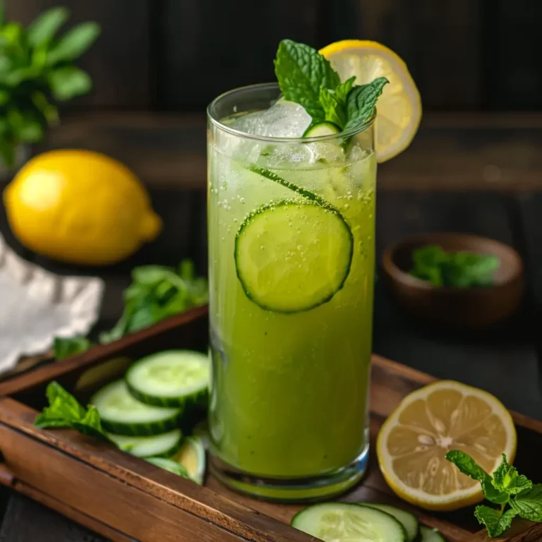 Celery-Cucumber ACV Cooler in a dewy glass with mint and lemon on a sunny kitchen counter
