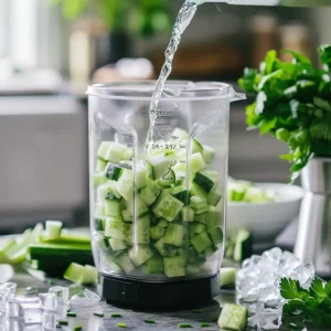 Chopping celery and cucumber on a wooden board in natural kitchen light