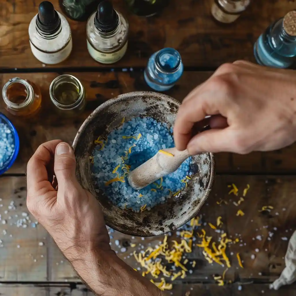 Drop of peppermint oil falling into blue salt mixture from glass dropper