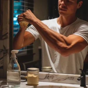 Fizzing drink of baking soda, lemon juice, and warm water on counter
