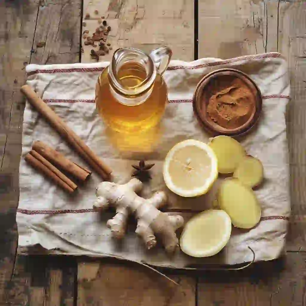 Flat lay of raw honey trick recipe , ginger, lemon, cinnamon, and apple cider vinegar