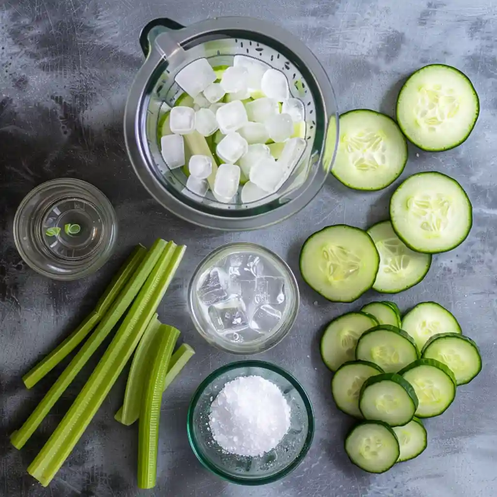 Celery-Cucumber ACV Cooler Fresh celery, cucumber, and apple cider vinegar displayed on a kitchen counter