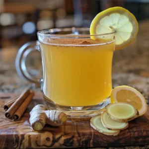 Homemade memory-boosting honey drink with ginger and lemon in a glass mug
