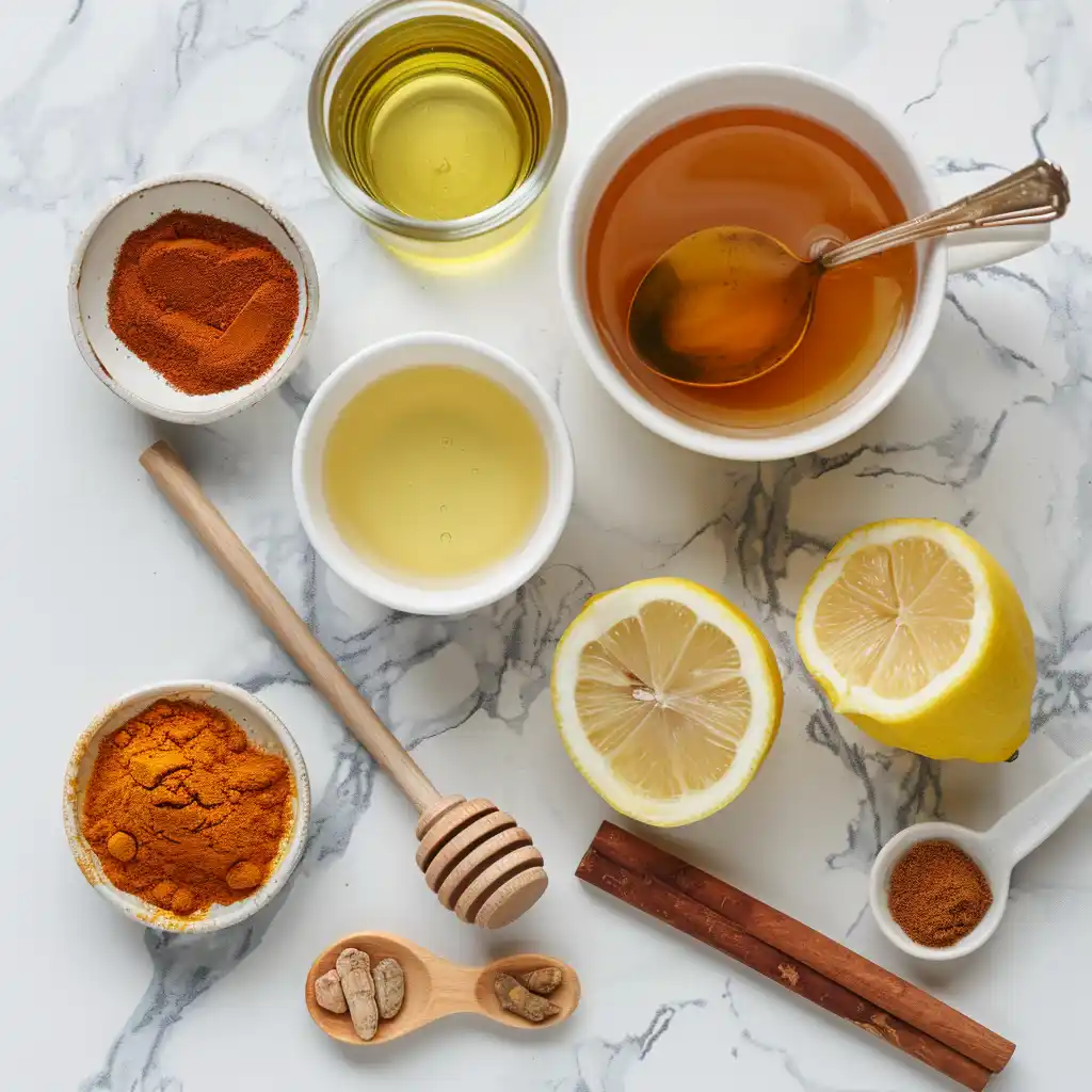 what is the honey trick recipe this Ingredients for the honey trick recipe laid out on a counter – honey, lemon, cinnamon, ACV, turmerictitle: honey-trick-ingredients-display