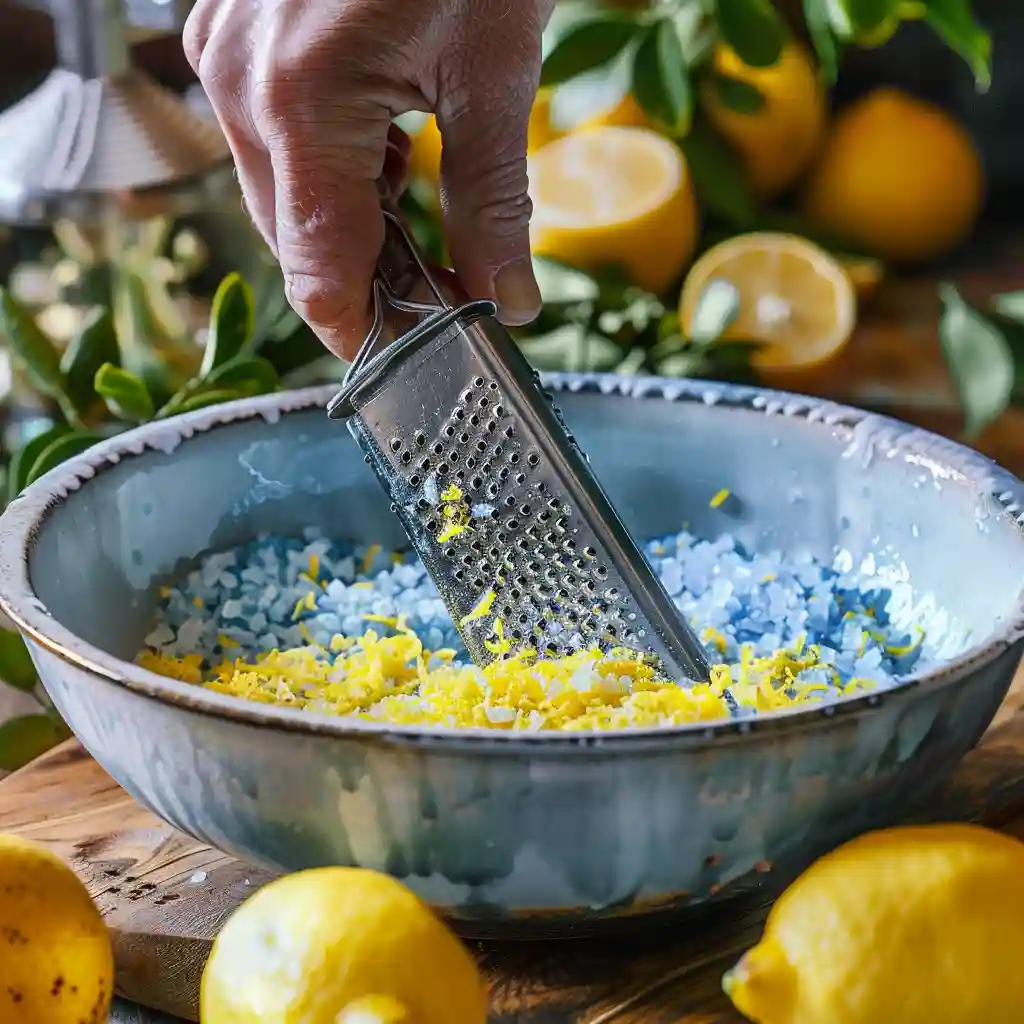 Lemon zest being freshly grated into blue salt trick recipe blend