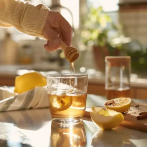 Pouring warm water into a glass mug with raw honey at the bottom