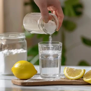 Scooping baking soda into a glass with visible texture and soft lighting