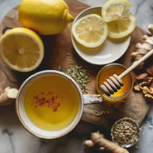 Sliced ginger, cayenne, and cinnamon stick simmering in a pot