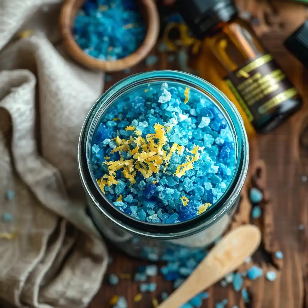 Small jar of blue salt blend with lemon zest and essential oils on wooden table