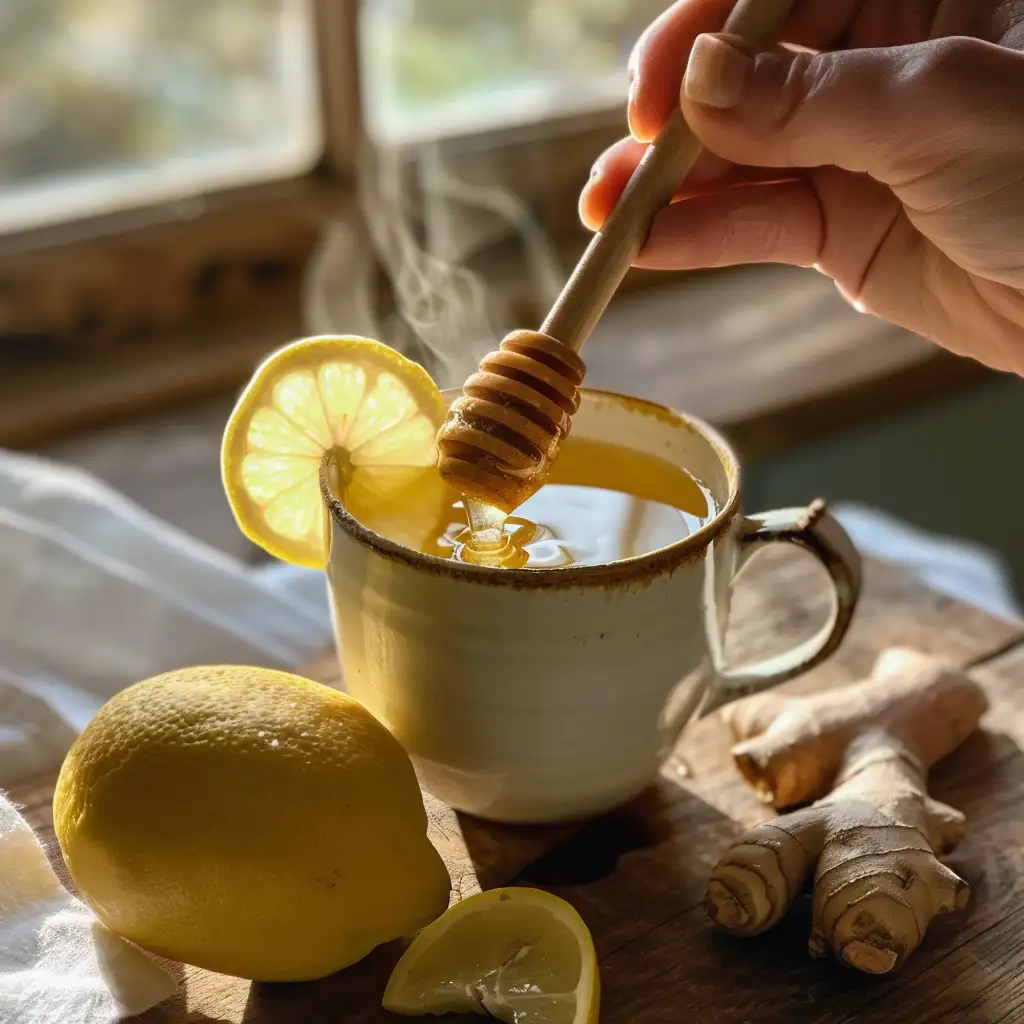 Stirring honey and lemon into spiced water in a glass mug