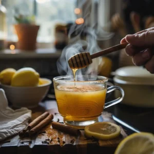 Stirring honey into a glass of warm water for the honey trick drink