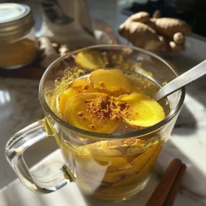 Warm water being poured over fresh ginger slices in a mug