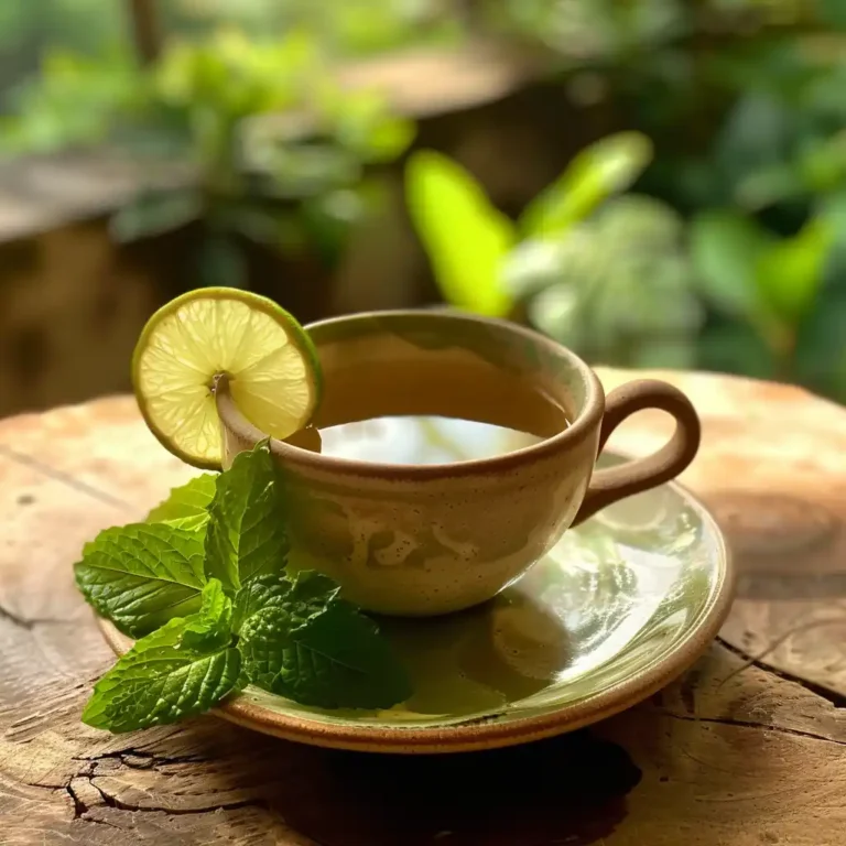 A ceramic plate with Costa Rican tea garnished with lime and mint