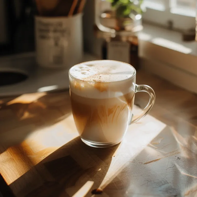 A Fluffy Seagull Latte in a handmade mug with cloud-like foam, cozy kitchen counter in natural light